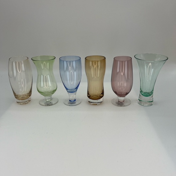 Cellini Crystal Cordial Glasses Set Of 6 Different Shapes Colors Easter Vases - Picture 1 of 12